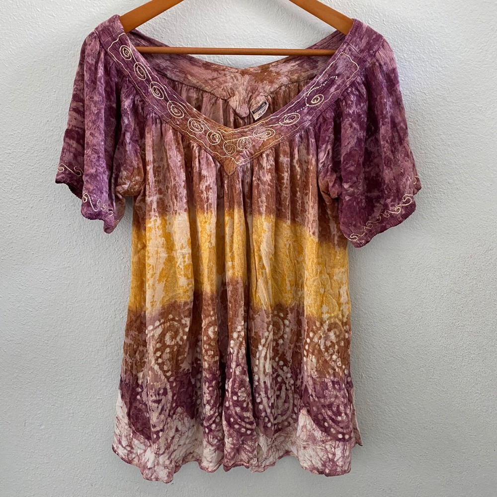 Shoreline Boho Tie Dye Batik Embroidered Tunic Top Purple Orange One Size